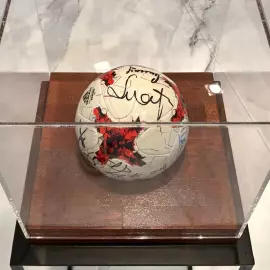 Футбольный мяч с автографами футболистов Роналдиньо, Джей-Джея Окоча, Марселя Десайи, Витора Баия, Дмитрия Сычёва и другие, дерево