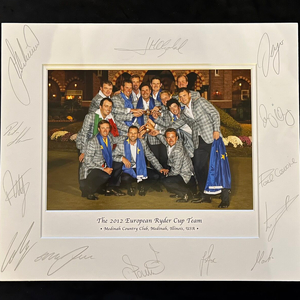 Autographed photos of twelve golfers and their team captain Jose Maria Olazabal.