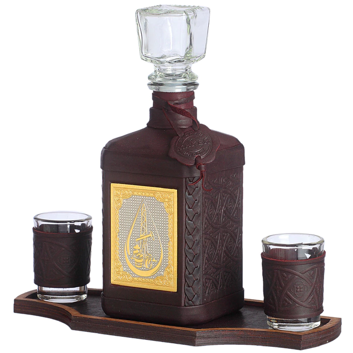 A decanter in a leather cover "Neftegaz-3" with an overlay