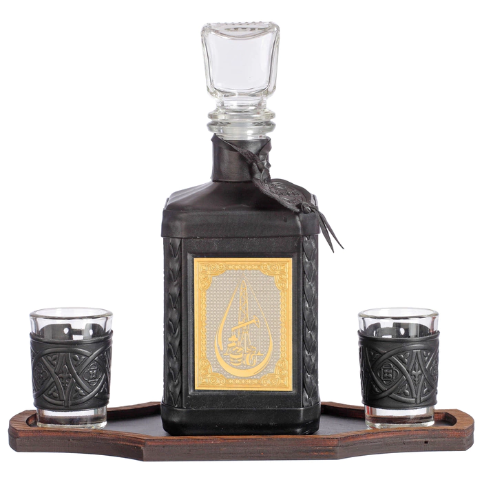 A decanter in a leather cover "Neftegaz-4" with a brass cover