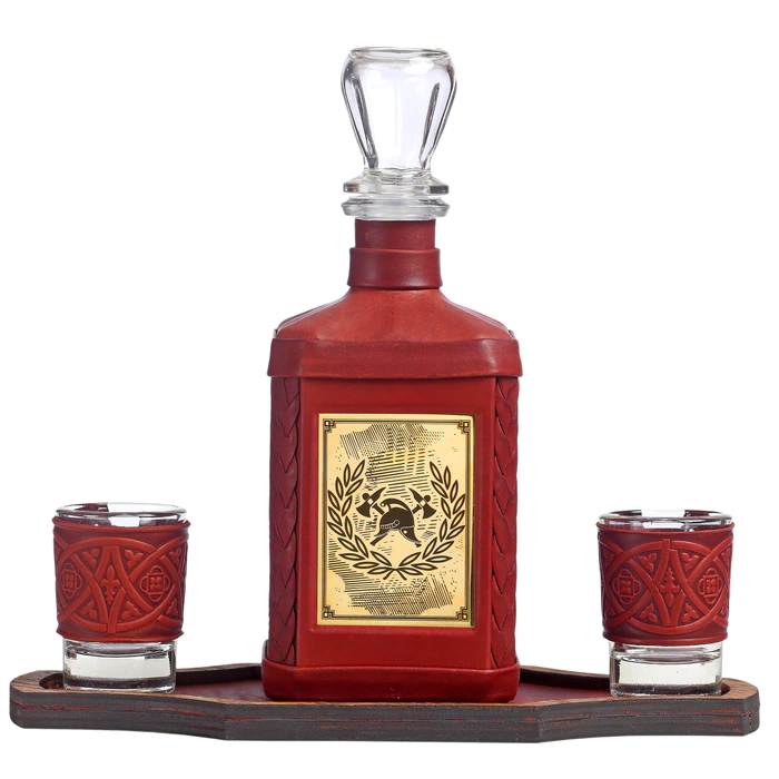 Leather-bound decanter "To the Fireman-3" with a cover