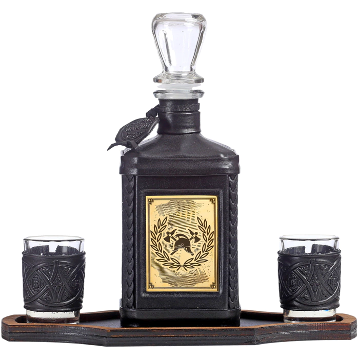 Leather-bound decanter "Fireman-4" with an overlay