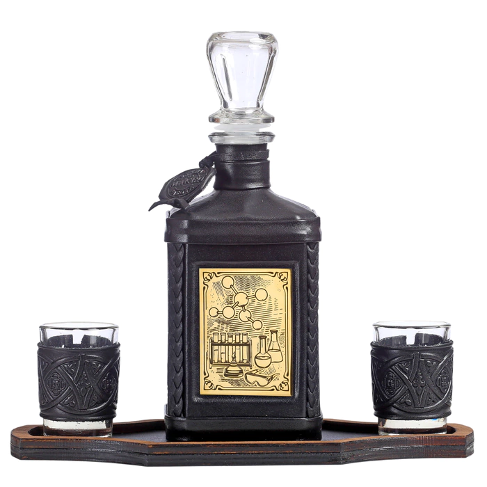 A decanter in a leather cover "Chemist-4" with an overlay