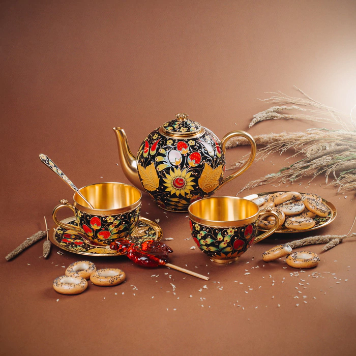 Silver tea set "Khokhloma" for 2 persons