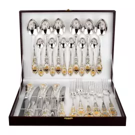 Столовый набор из серебра с золочением "Государственный Герб РФ" 24 предмета, на 6 персон