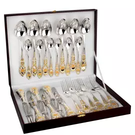 Столовый набор из серебра с золочением "Государственный Герб РФ" 24 предмета, на 6 персон