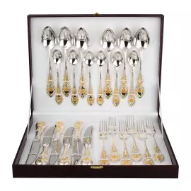 Столовый десертный набор из серебра с золочением "Государственный Герб РФ" 24 предмета, на 6 персон