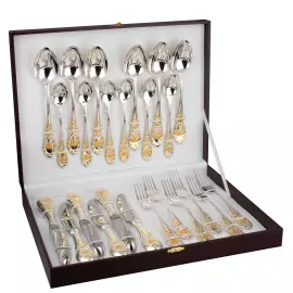 Столовый десертный набор из серебра с золочением "Государственный Герб РФ" 24 предмета, на 6 персон