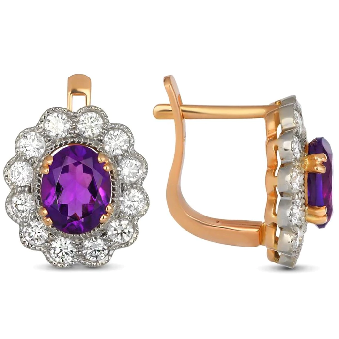 Red gold earrings with amethysts and diamonds