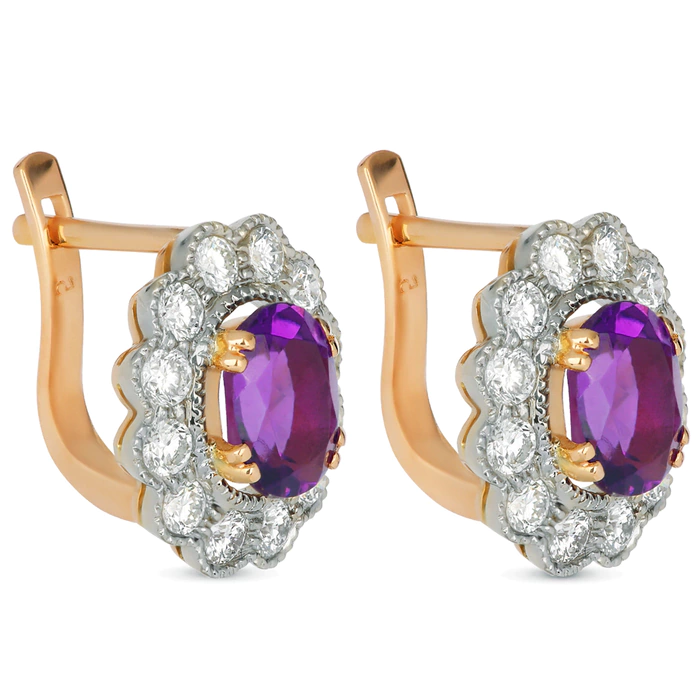 Red gold earrings with amethysts and diamonds