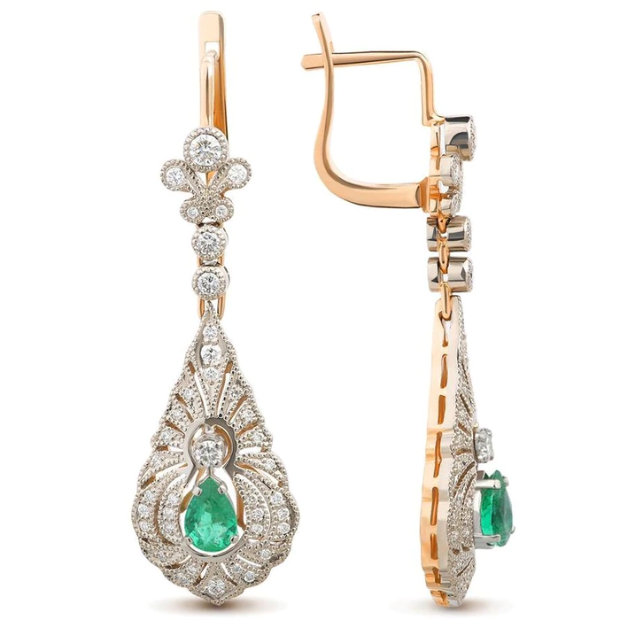 Earrings in red gold with emeralds and diamonds