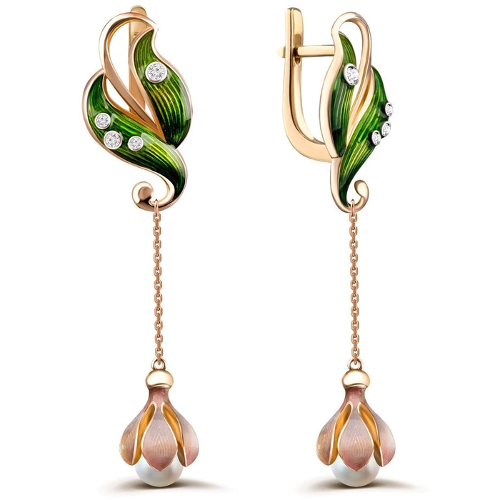 Yellow gold earrings with diamonds and pearls