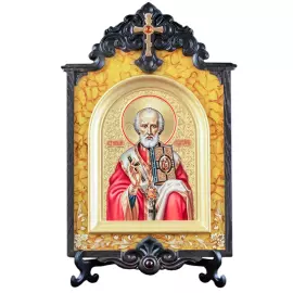 Икона янтарная в киоте "Николай Чудотворец"