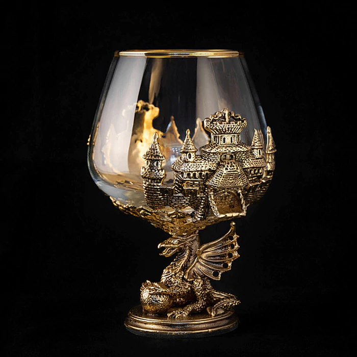 Set of 2 glasses for cognac "Dragon on a ball" in a wooden box