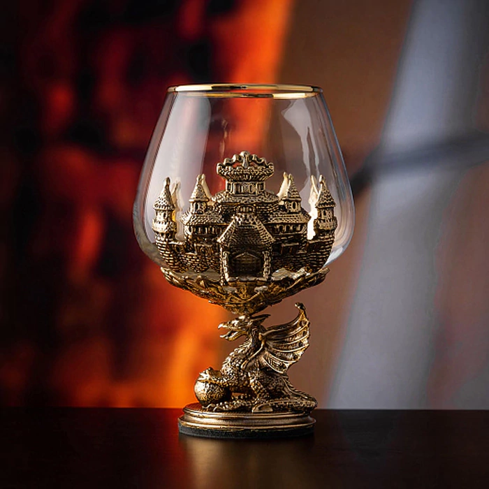 Set of 2 glasses for cognac "Dragon on a ball" in a wooden box