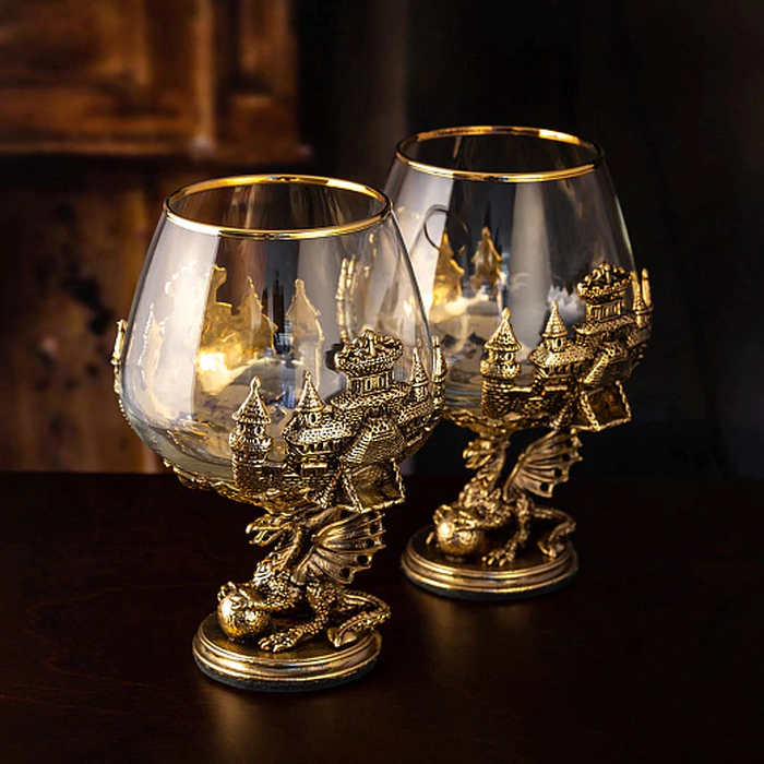 Set of 2 glasses for cognac "Dragon on a ball" in a wooden box