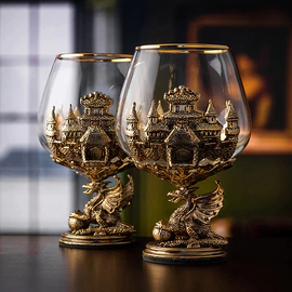 Set of 2 glasses for cognac "Dragon on a ball" in a wooden box