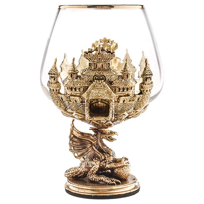 A set of 4 glasses for cognac "Dragon on a ball" in a wooden box