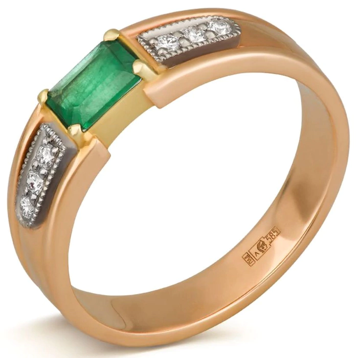 Red gold ring with emerald and diamonds