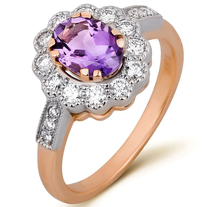 Red gold ring with amethyst and diamonds