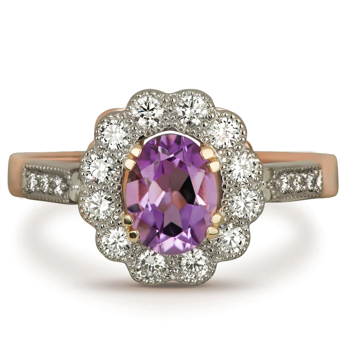 Red gold ring with amethyst and diamonds