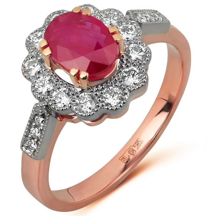 Red gold ring with diamonds and ruby