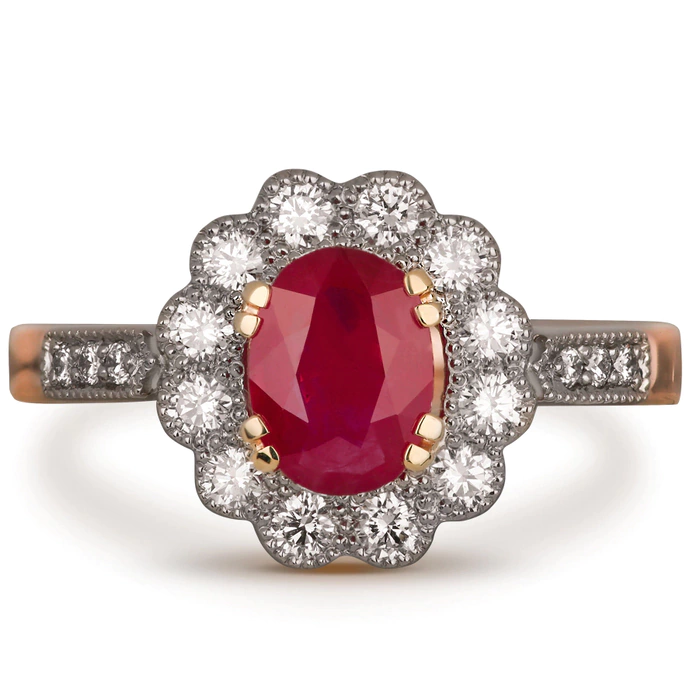 Red gold ring with diamonds and ruby
