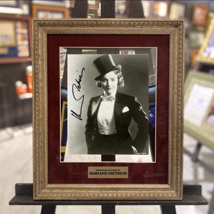 An autographed photo of actress Marlene Dietrich