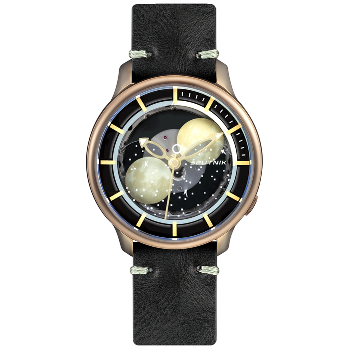 Lincor "Sputnik" self-winding mechanical wristwatch in black and beige with a black strap