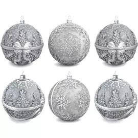 Set of 6 silver Christmas tree balls "New Year patterns"
