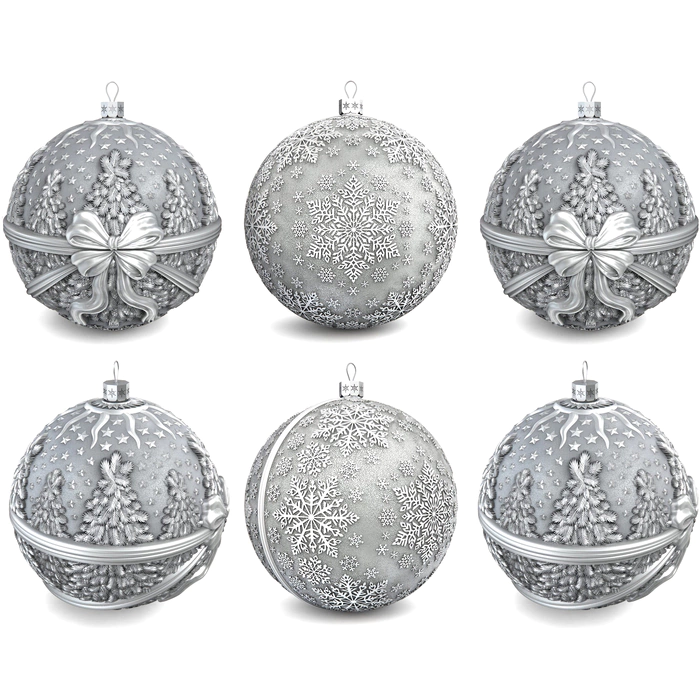 Set of 6 silver Christmas tree balls "New Year patterns"