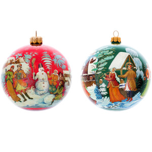 Set of 2 pieces Christmas tree balls "Winter festivities", Palekh