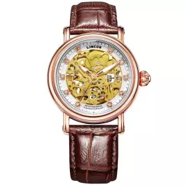 Наручные механические часы с автоподзаводом Lincor UNI бело-золотистые с коричневым ремешком