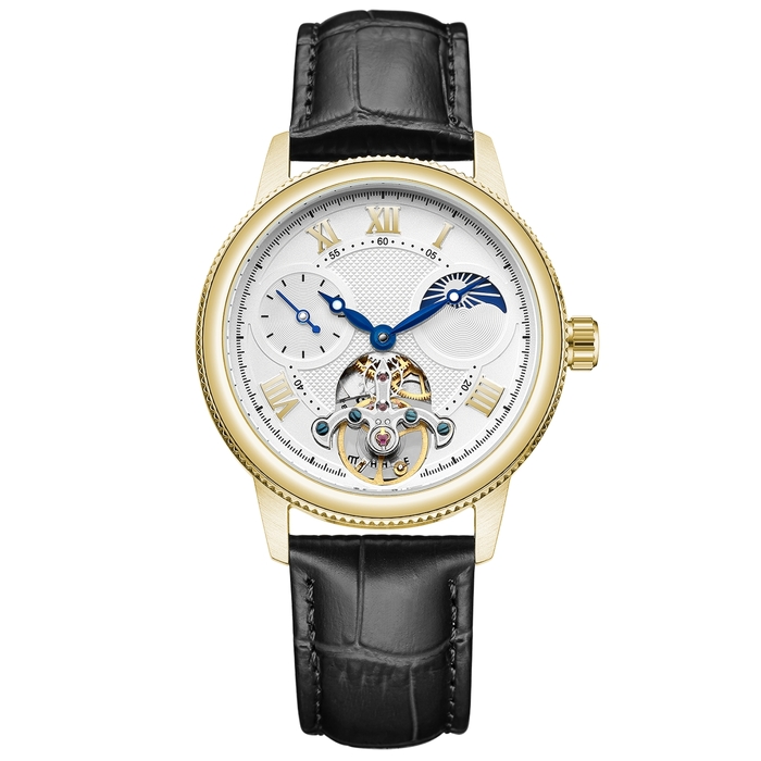 Mikhail Moskvin "Elegance" self-winding mechanical wristwatch in gold with a black strap
