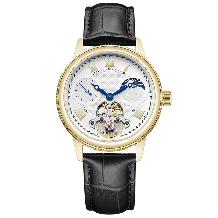 Mikhail Moskvin "Elegance" self-winding mechanical wristwatch in gold with a black strap