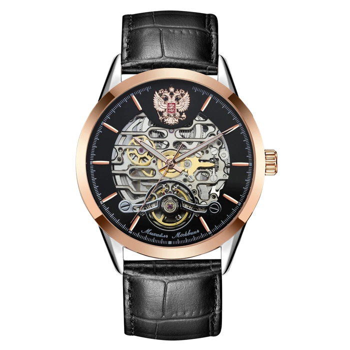 Mikhail Moskvin "Elegance" self-winding mechanical wristwatch in black and gold with a black strap