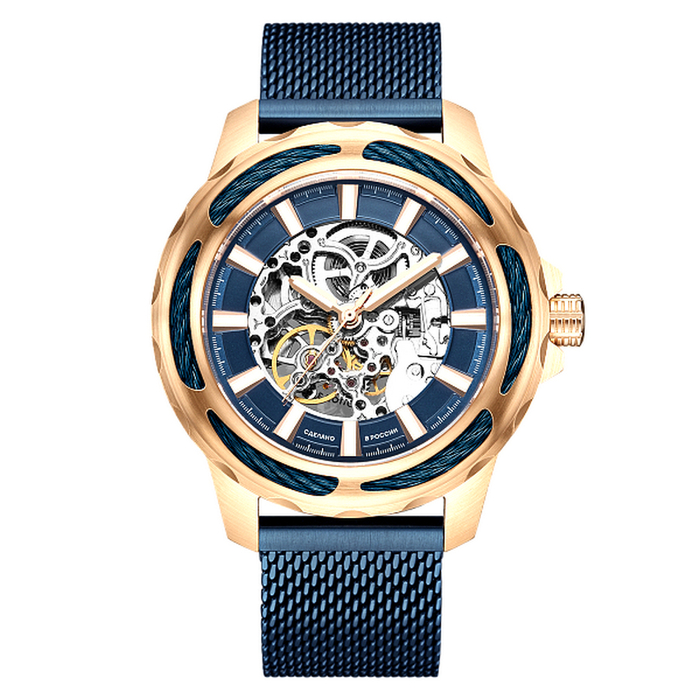 Mikhail Moskvin "Elegance" self-winding mechanical wristwatch in gold with a blue strap