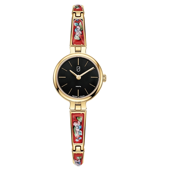 Lincor Flora Quartz Wristwatch in black and gold with enamel