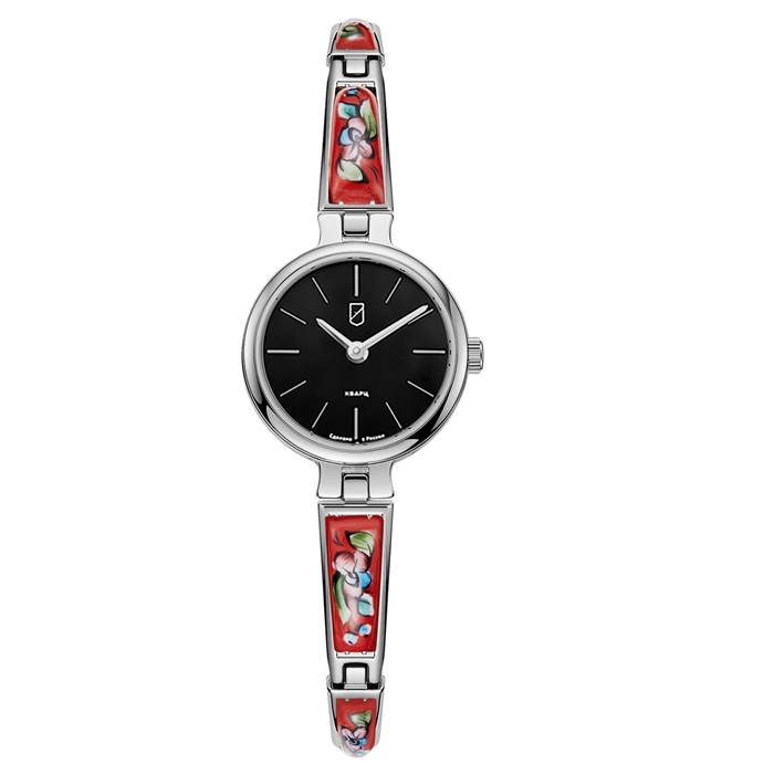 Lincor Flora Quartz Wrist Watch in black and silver with enamel