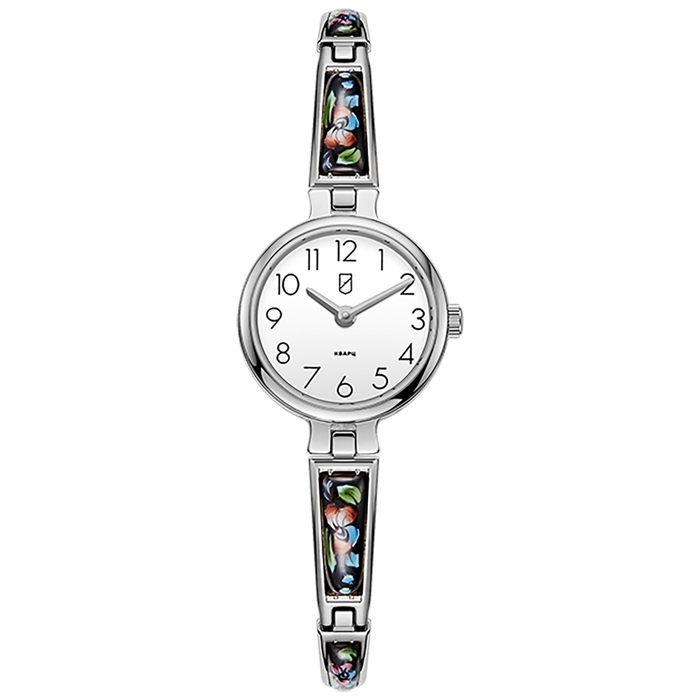 Lincor Flora Quartz wristwatch in white and silver with enamel