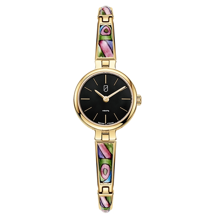 Lincor Flora Quartz Wristwatch in black and gold with enamel