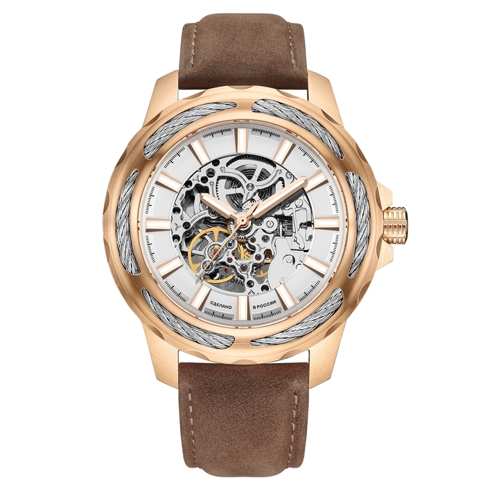 Mikhail Moskvin "Elegance" self-winding mechanical wristwatch in gold with a brown strap