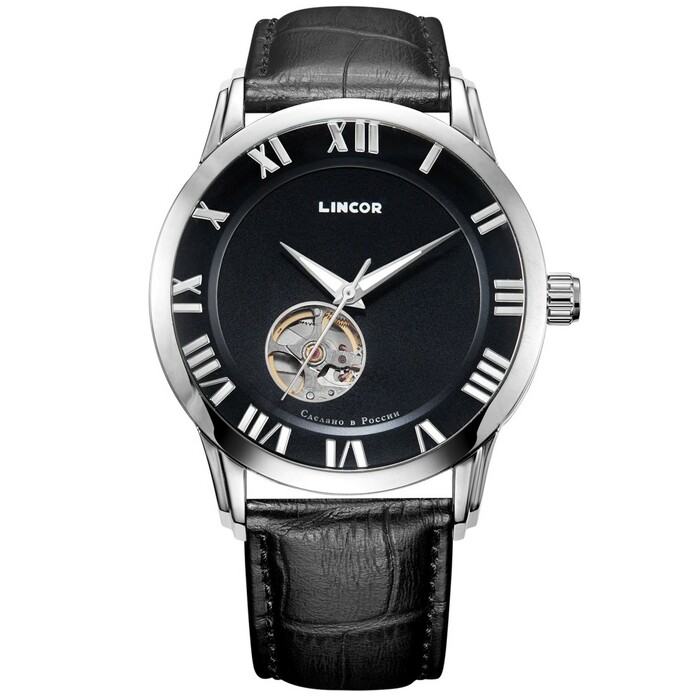 Lincor UNI Self-winding Mechanical Wristwatch in Black and Silver with Black Strap