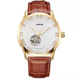 Наручные механические часы с автоподзаводом  Lincor золотистые с коричневым ремешком
