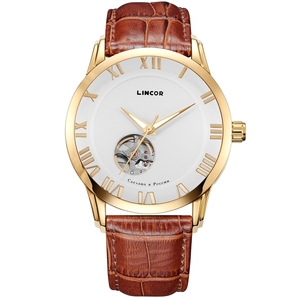 Lincor Automatic Mechanical Wristwatch in Gold with Brown Strap