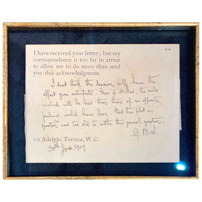 A handwritten autographed postcard by playwright and novelist Bernard Shaw