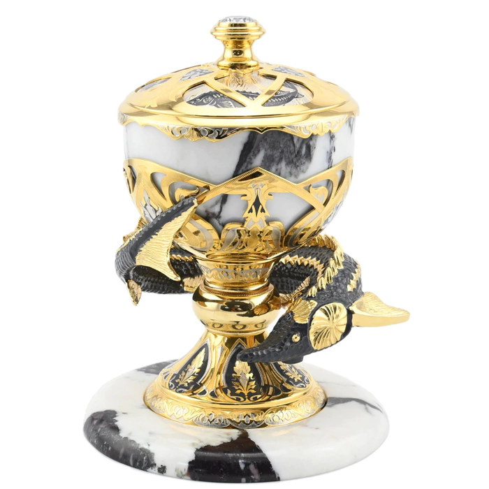 Elite caviar bowl made of marble "Big sturgeon" Zlatoust, white