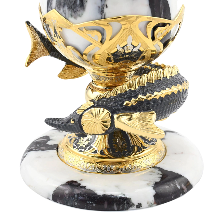 Elite caviar bowl made of marble "Big sturgeon" Zlatoust, white