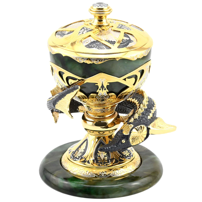 Elite caviar bowl made of jade "Big sturgeon" Zlatoust