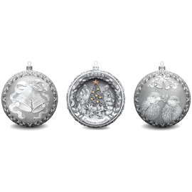 Set of 3 silver Christmas balls "Bells, Happy childhood and Bullfinches"